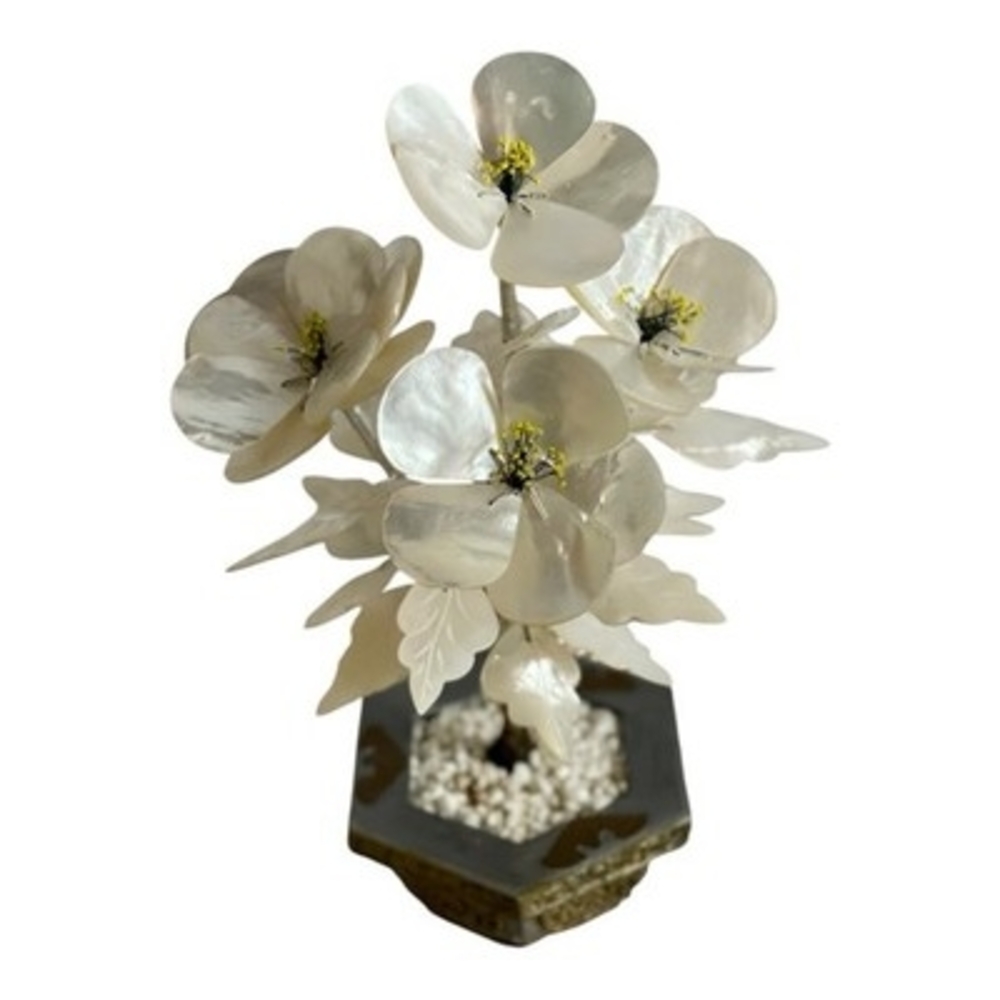 Vintage Mother of Pearl Capiz Shell Flower Bonsai Tree Bronze Planter 12”